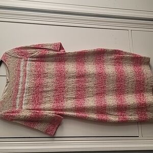 Pink and off white  striped sheath dress with elbow sleeves.